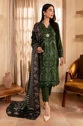 NUREH - 3PC DHANAK EMBROIDERED SHIRT WITH TWILL PRINTED SHAWL AND TROUSER - HZU2538